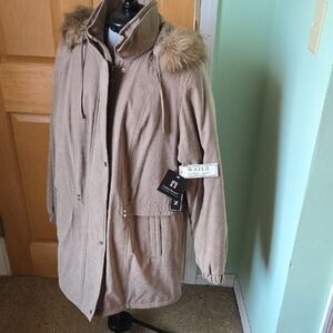 Women's Tan Utility Jacket with Faux Fur Hood